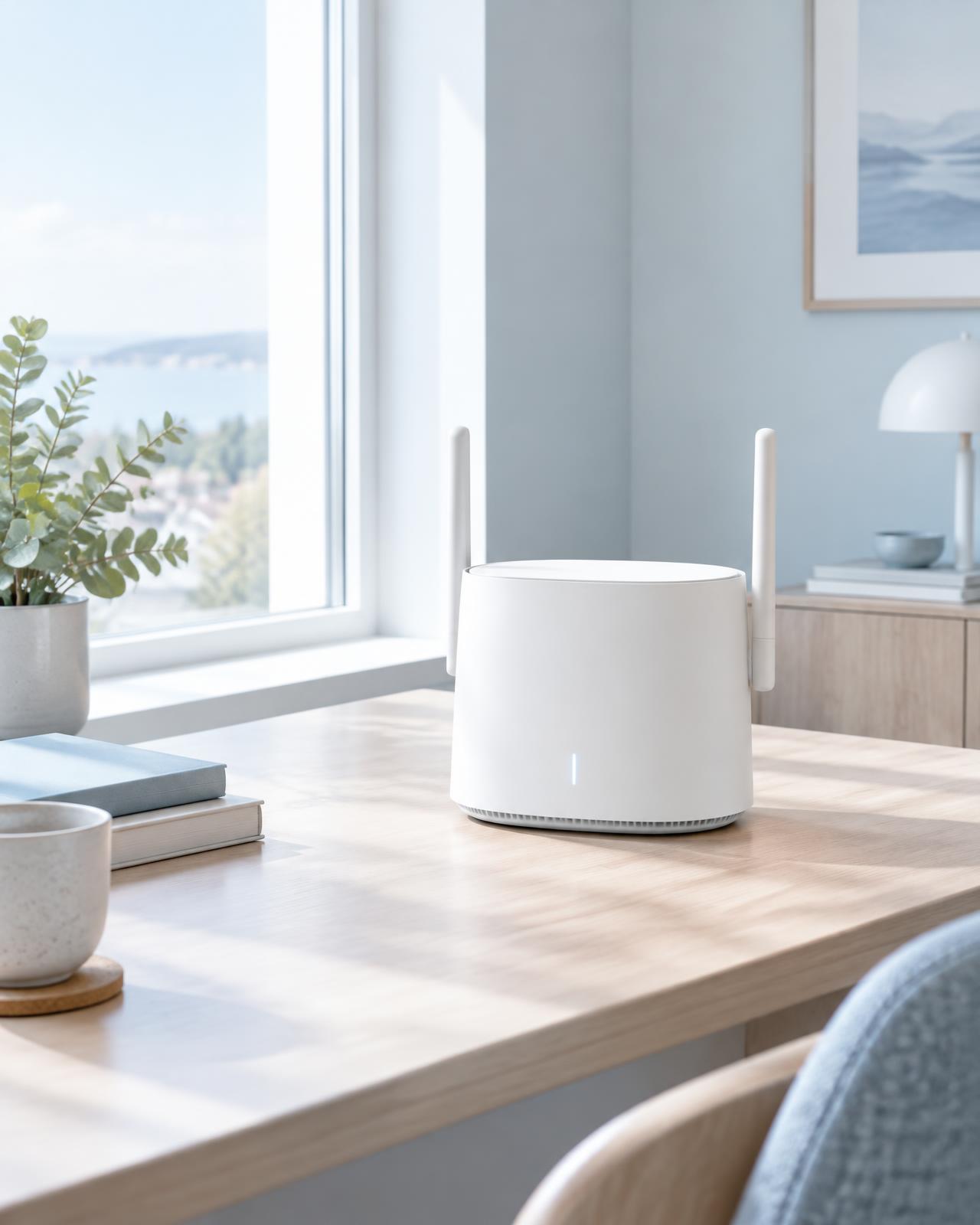 White 5G router on a sunny desk by the window