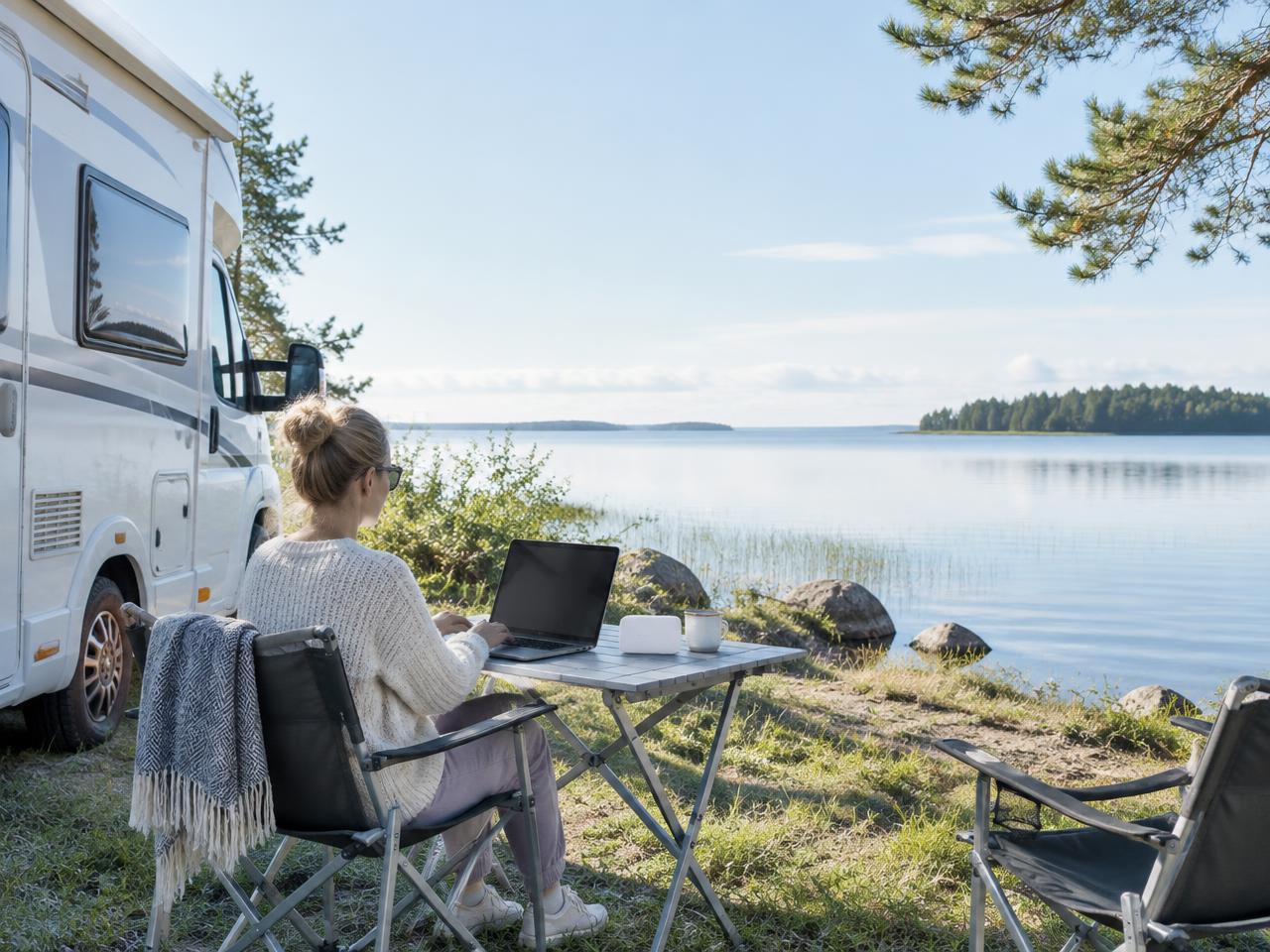 Working from a motorhome by a lake with a portable router